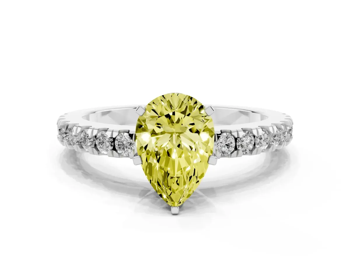 Fancy Yellow Pear Cut Solitaire Diamond with Pavé Band and Four-Prong Setting Silver