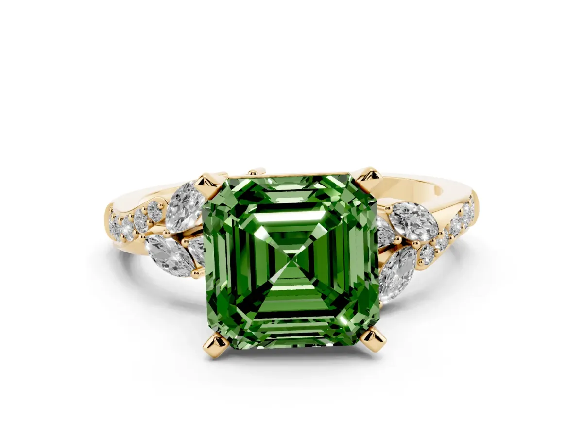 Fancy Green Asscher Cut Solitaire Marquise Twist Band with Six-Prong Setting Yellow gold