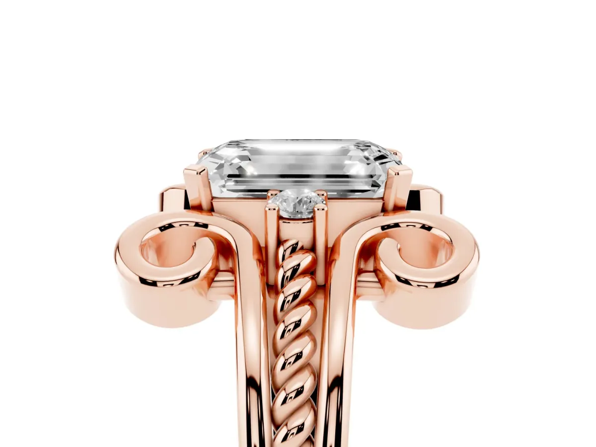 Emerald Cut Solitaire Twisted Band Scroll Prong Ring Rose gold
