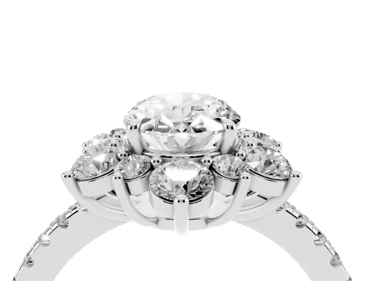 Oval Cut Diamond Floral Halo Ring with Round Pavé Band and Prong Setting White gold