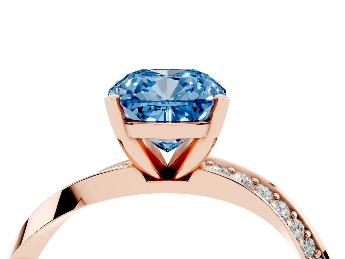 Fancy Blue Cushion Cut Diamond Engagement Ring with Side Stone Accents and Four-Prong Setting Rose gold