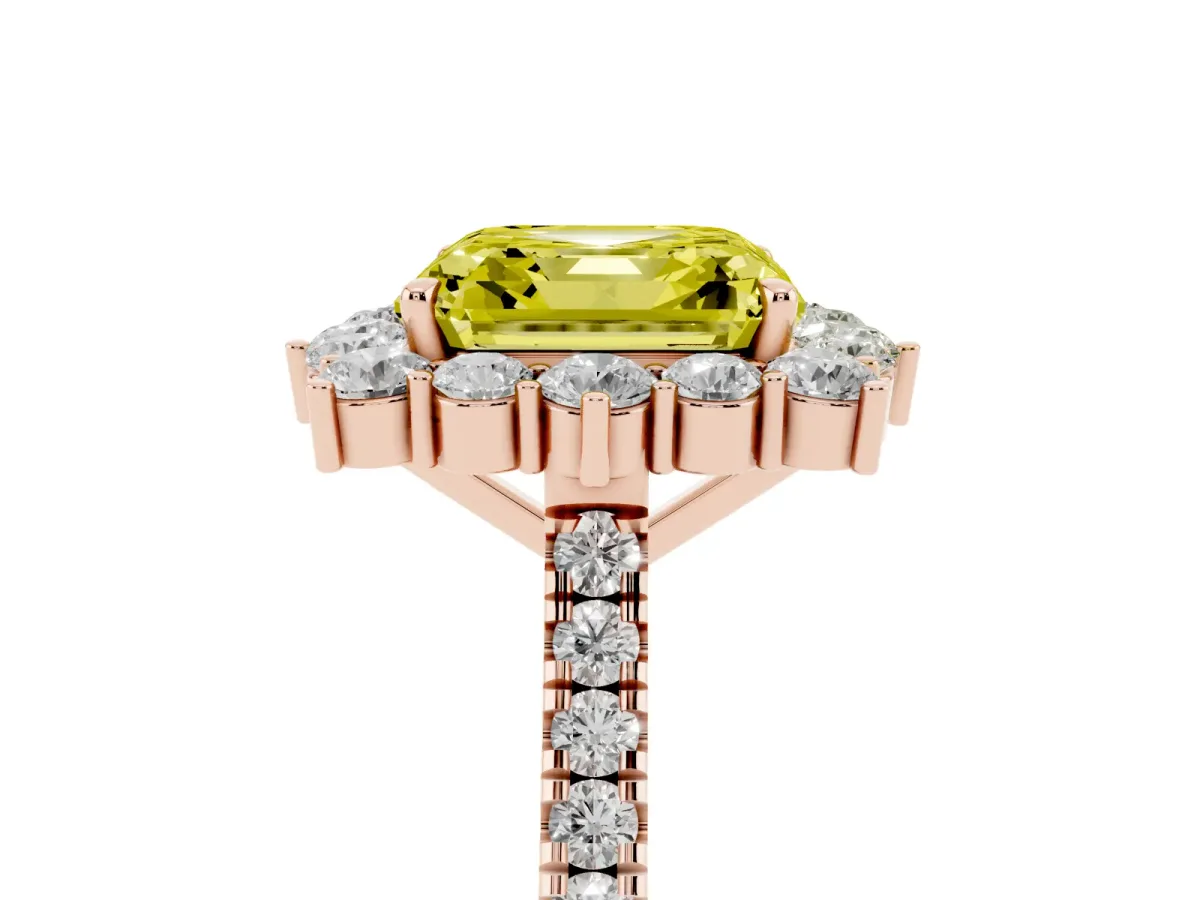 Fancy Yellow Asscher Cut Halo Diamond Ring with Pavé Band and Prong Setting Rose gold