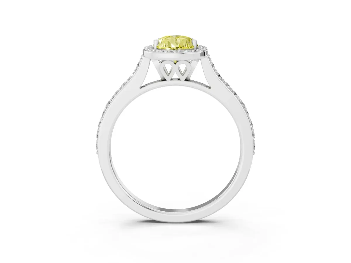 Fancy Yellow Pear Cut Diamond Halo Engagement Ring with Round Pavé Shoulders and Prong Setting White gold