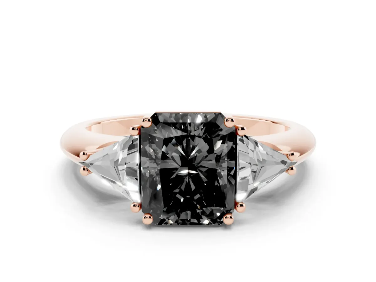 Fancy Black Three-Stone Radiant Cut Diamond Engagement Ring with Trillion Side Stones and Prong Setting Rose gold