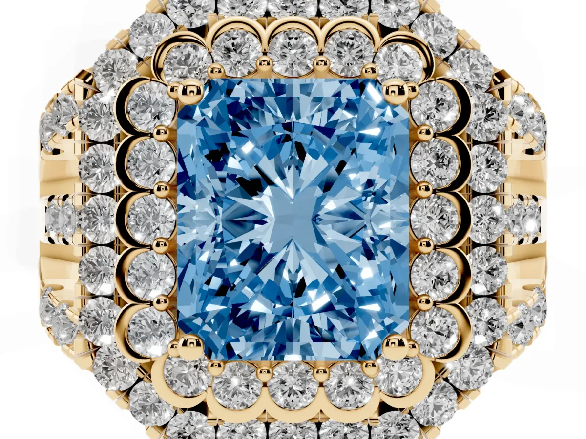 Fancy Blue Radiant Cut Diamond Double Halo Ring with Round Pavé Split Shank and Prong Setting Yellow gold