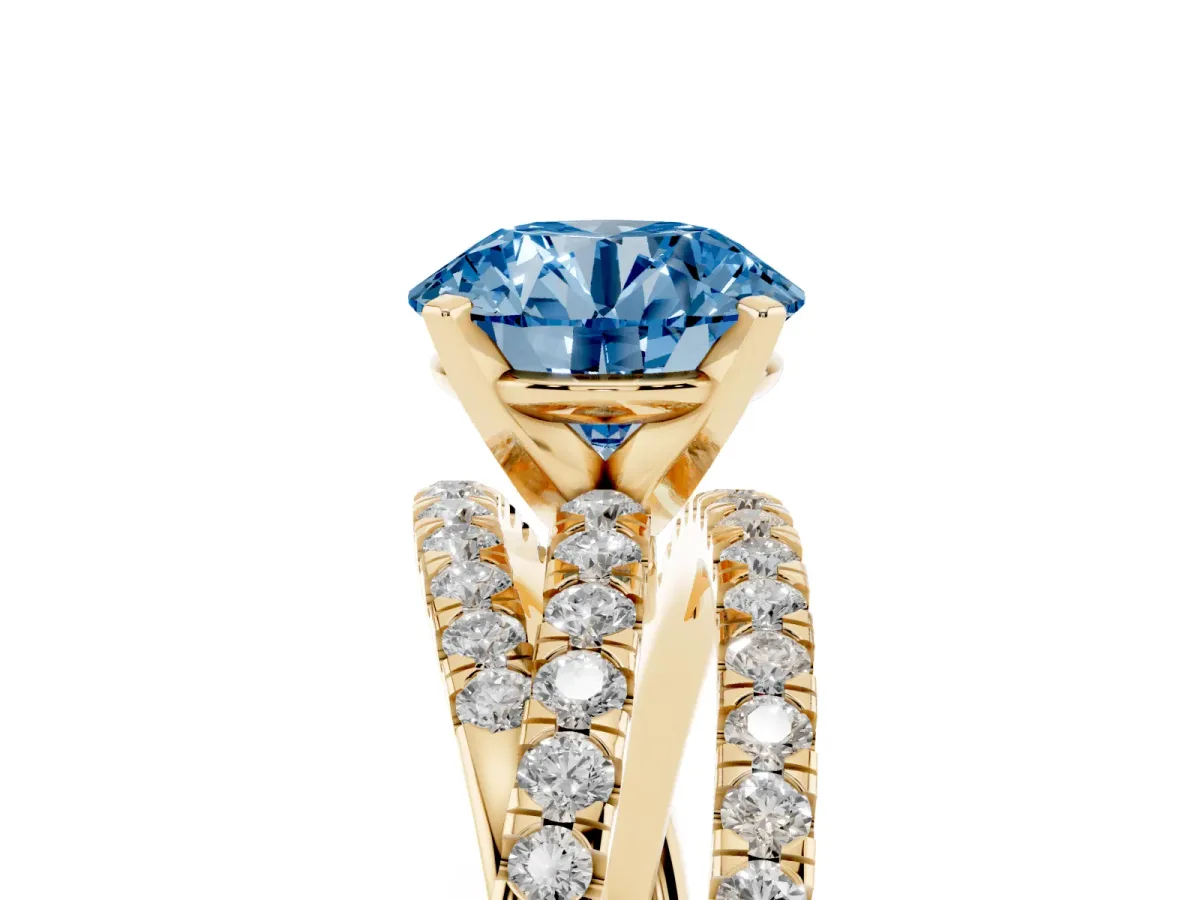 Fancy Blue Round Cut Solitaire Twist Band with Pavé Setting and Four-Prong Setting Yellow gold
