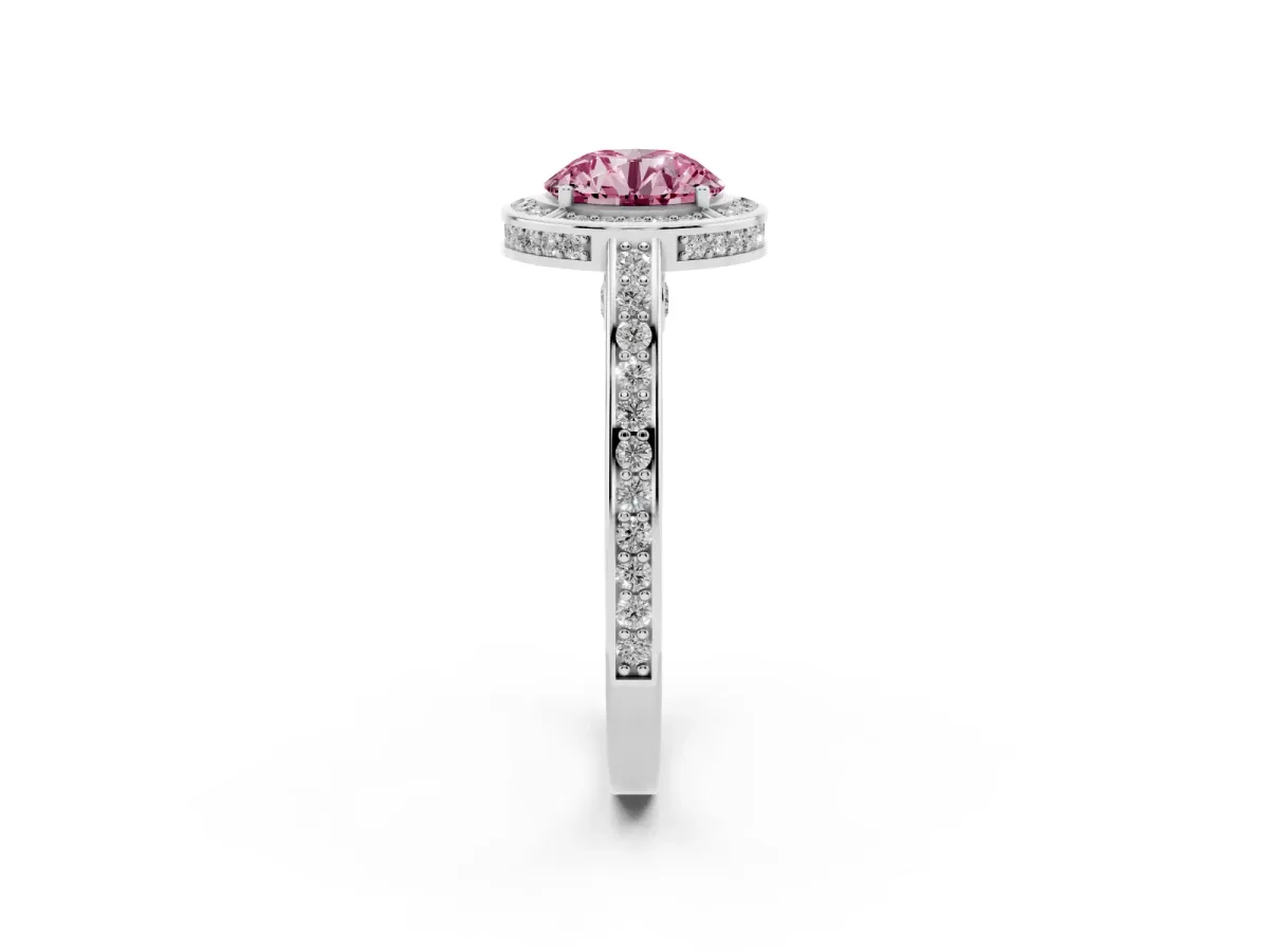 Fancy Pink Round Cut Cut Halo Pave Split Shank Prong Setting Ring White gold