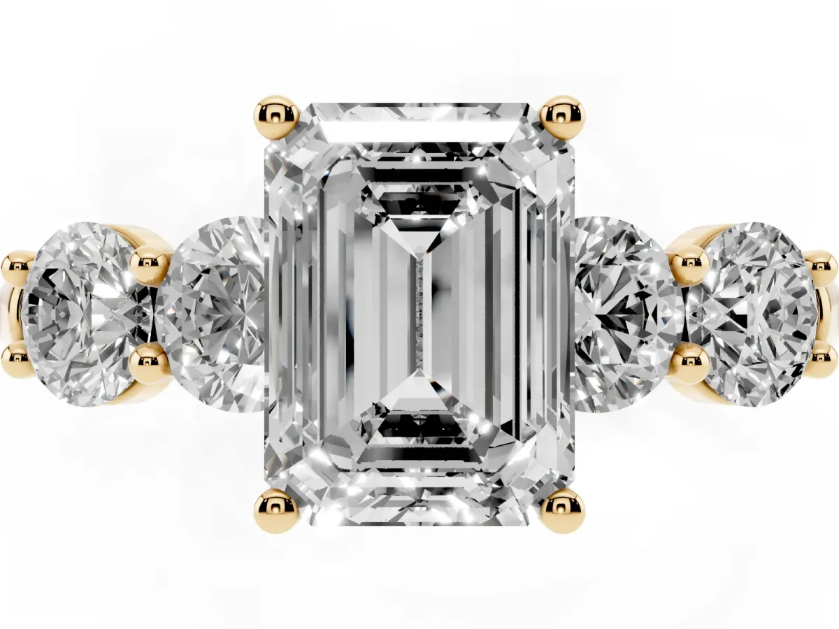 Emerald Cut Cut Five-Stone Prong Set Diamond Ring with Classic Band Yellow gold