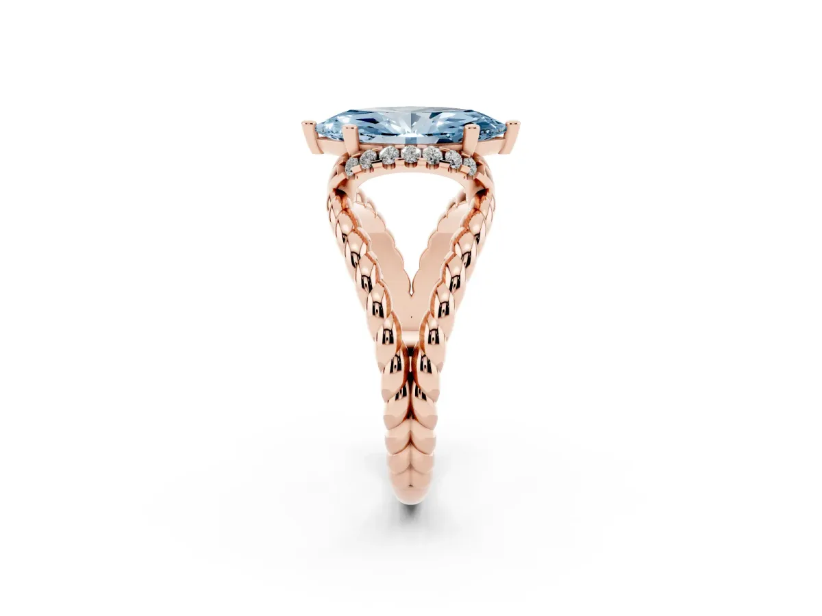 Fancy Blue Marquise Cut Halo Twisted Band Four-Prong Ring Rose gold