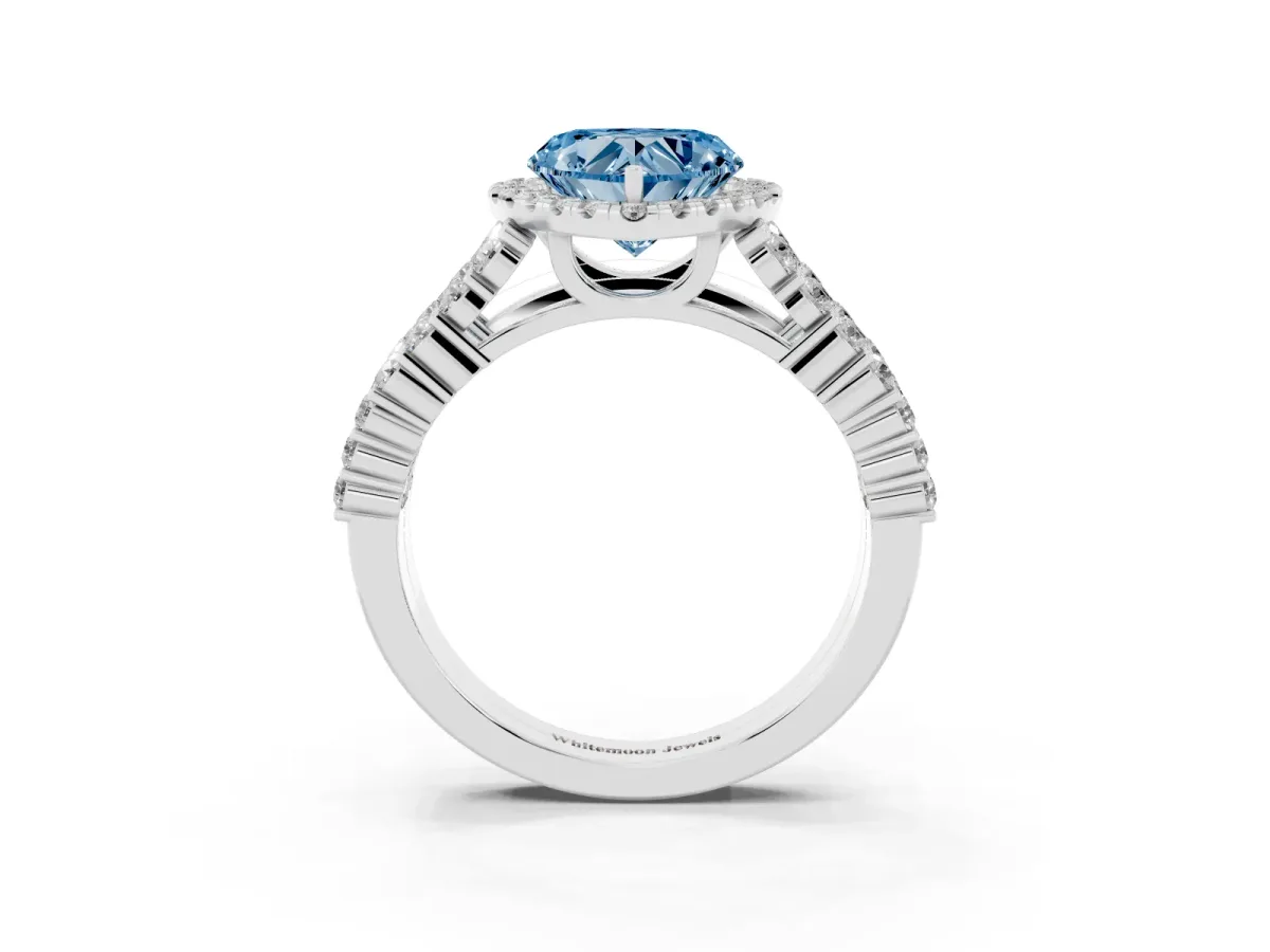 Fancy Blue Heart Cut Diamond Halo Engagement Ring with Triple Row Round Pavé Band and Prong Setting White gold