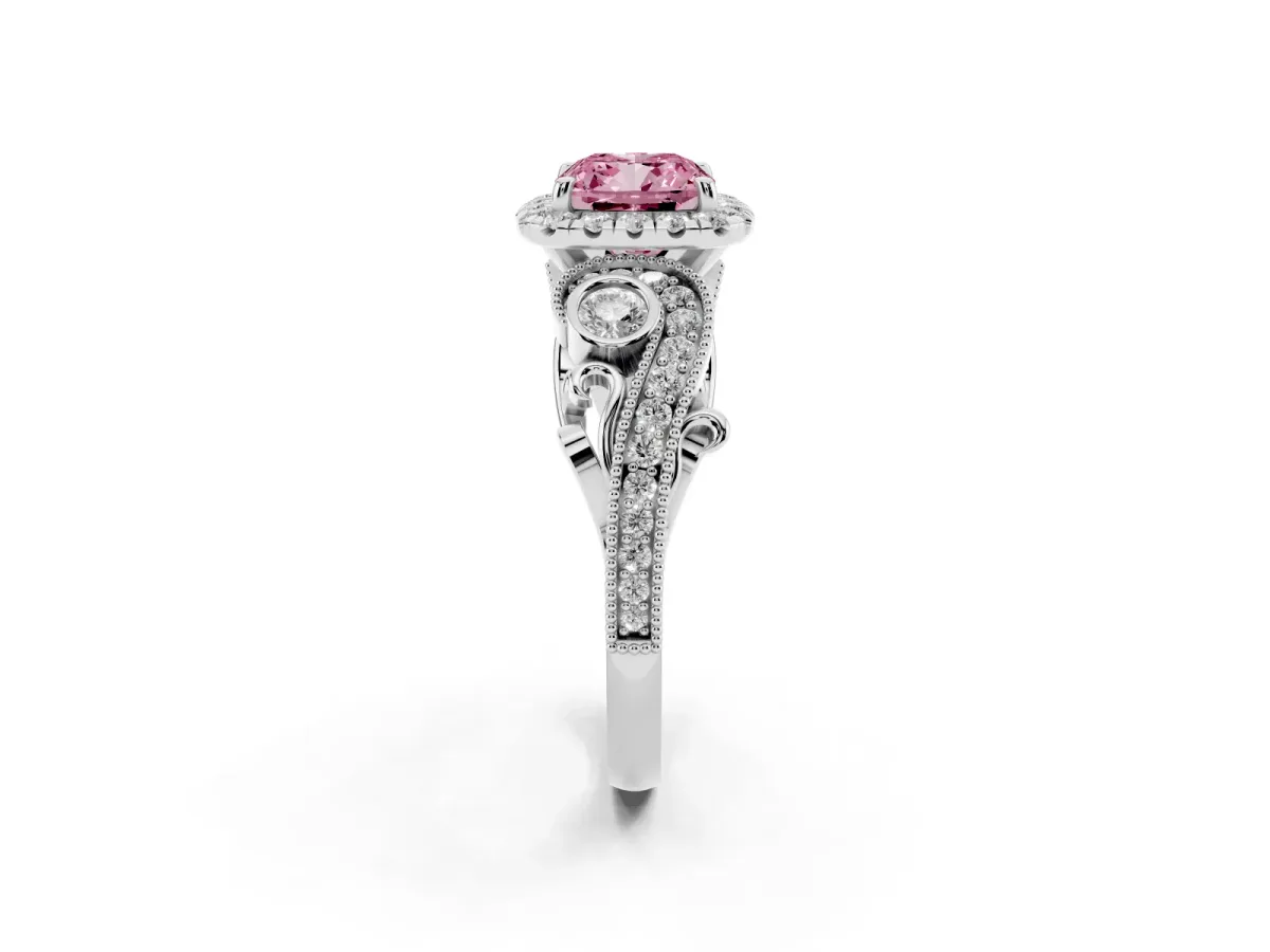 Fancy Pink Cushion Cut Halo Diamond Ring with Milgrain and Bezel Accents on a Split Shank Band Silver