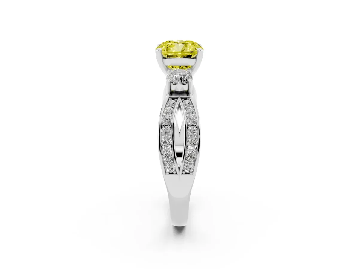 Fancy Yellow Three-Stone Cushion Cut Cut Diamond Twist Band with Prong Setting Silver