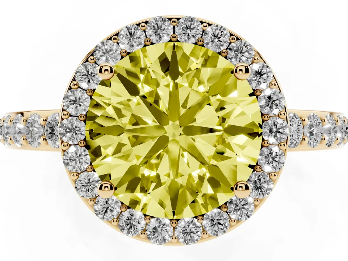 Fancy Yellow Round Cut Halo Diamond Pavé Band Ring with Prong Setting Yellow gold