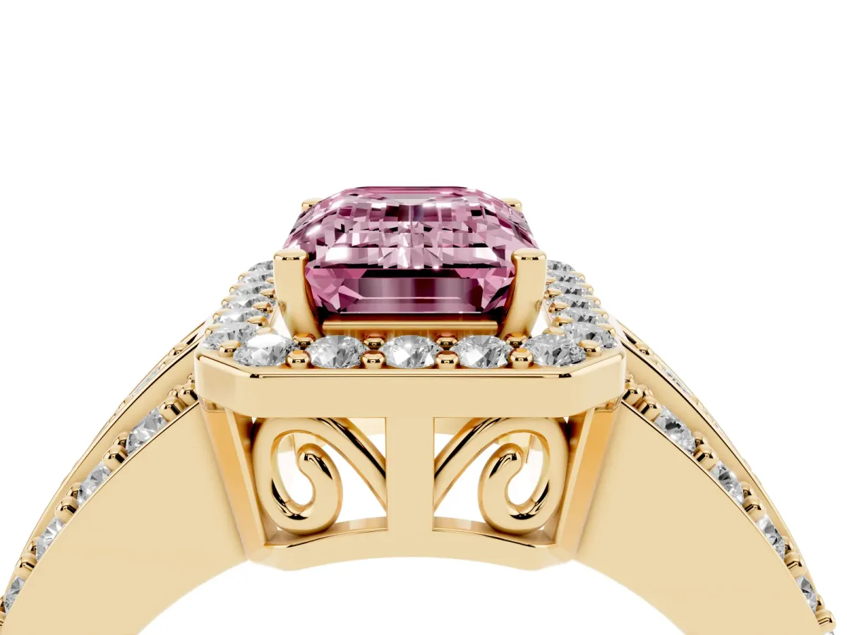 Fancy Pink Emerald Cut Halo Diamond Ring with Round Split Shank and Prong Setting Yellow gold