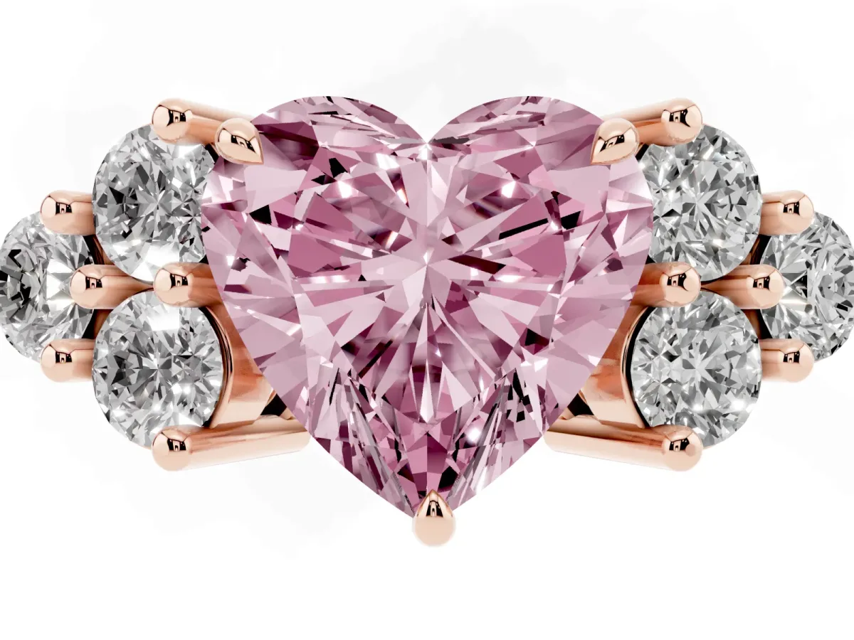 Fancy Pink Heart Cut Brilliant Diamond Cluster Accent Solitaire Ring with Prong Setting Rose gold