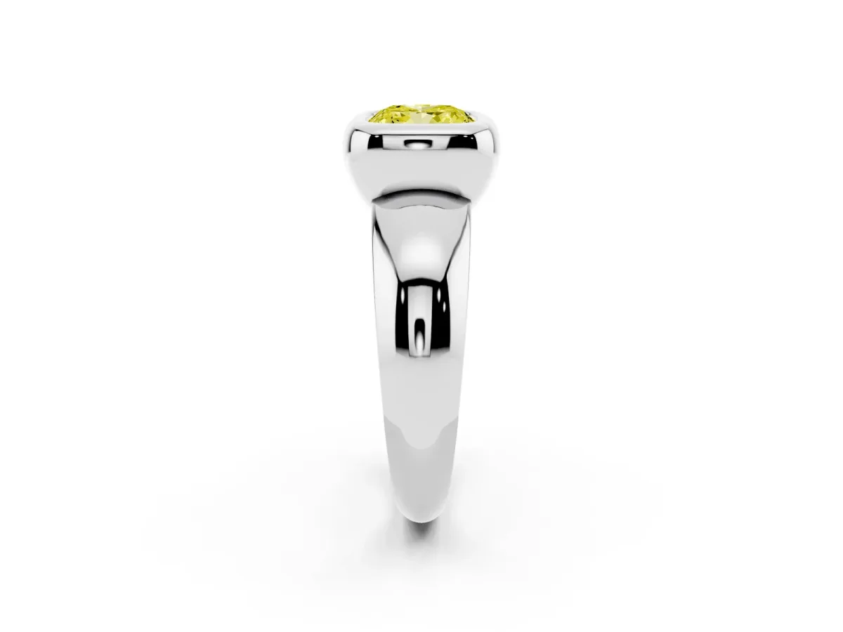 Fancy Yellow Bezel Set Cushion Cut Solitaire Ring with Wide Band Platinum