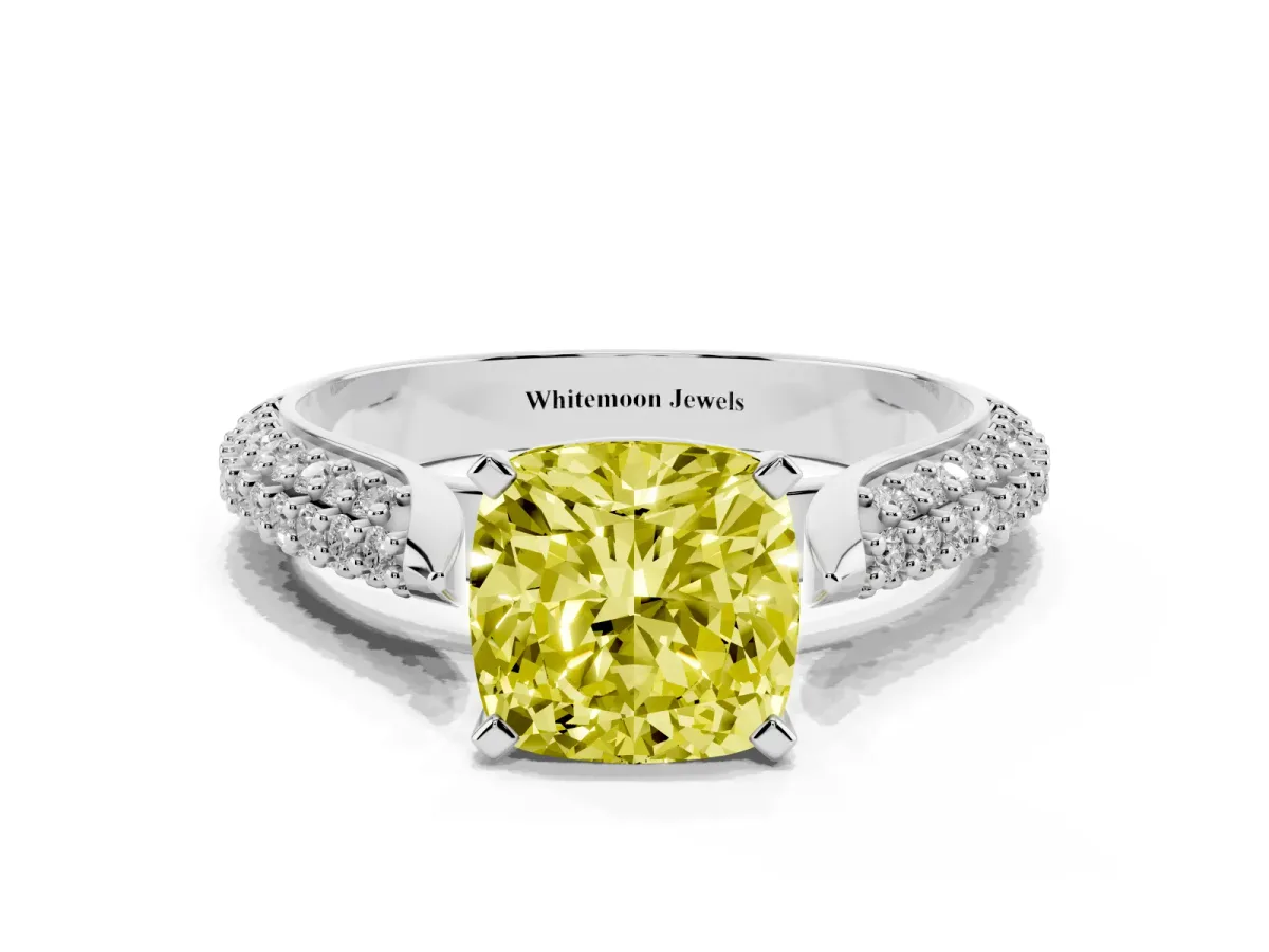 Fancy Yellow Cushion Cut Diamond Solitaire Engagement Ring with Multi-Row Round Pavé Band and Prong Setting Silver