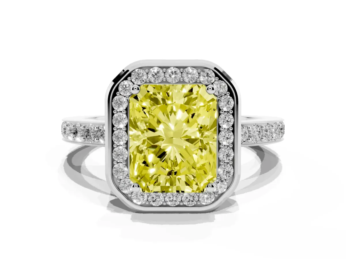 Fancy Yellow Radiant Cut Diamond Halo Ring with Bezel Frame and Pavé Band Silver