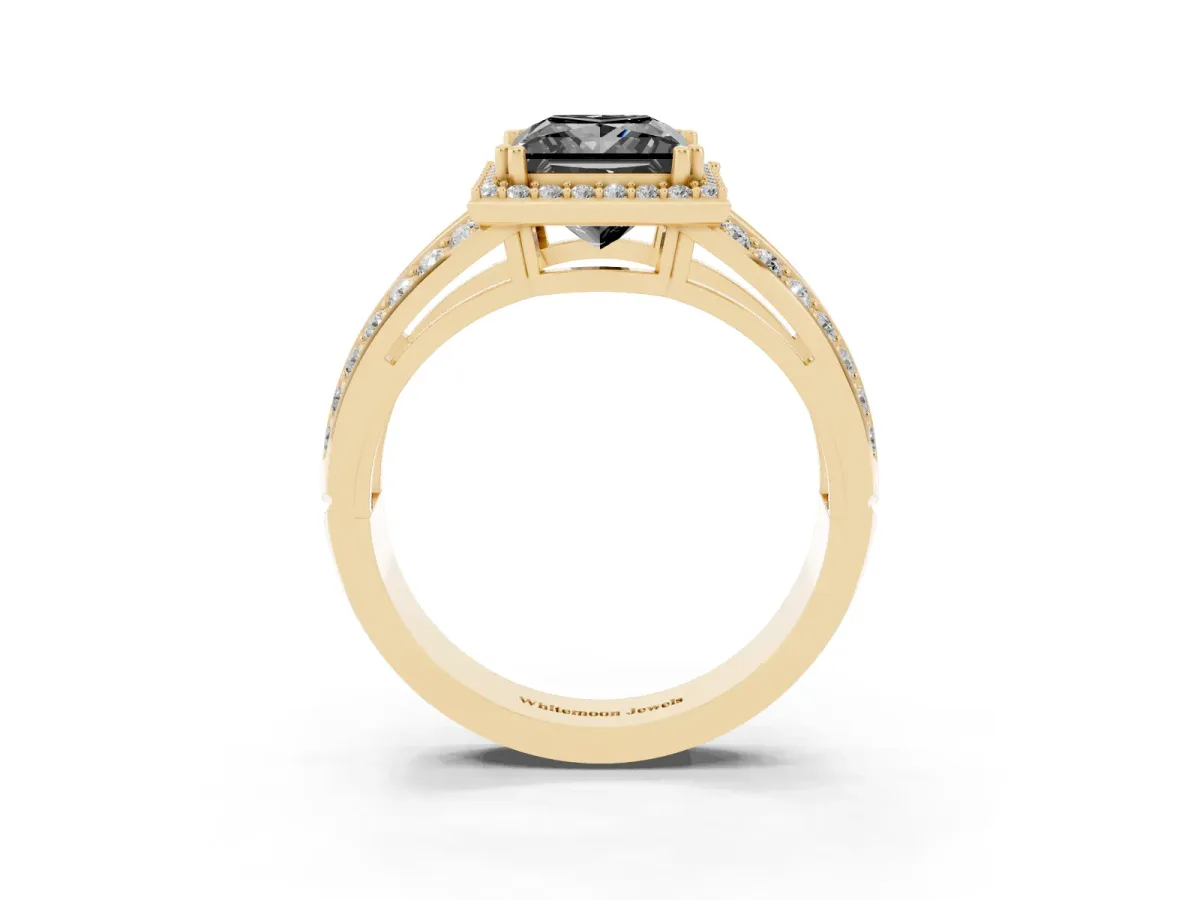 Fancy Black Princess Cut Diamond Halo Ring with Split Shank Pavé Band and Four-Prong Setting Yellow gold