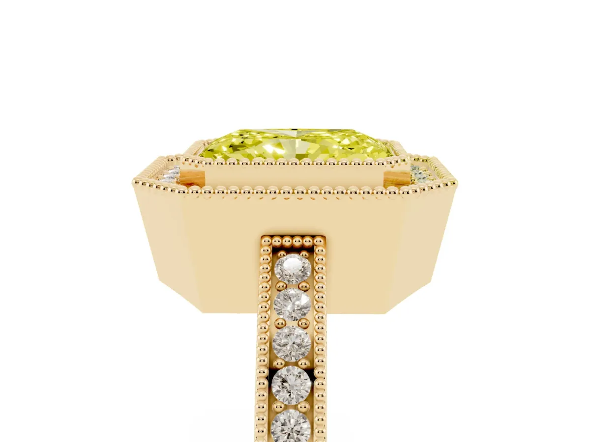 Fancy Yellow Radiant Cut Cut Halo Diamond Ring with Pavé Band and Milgrain Prong Setting Yellow gold