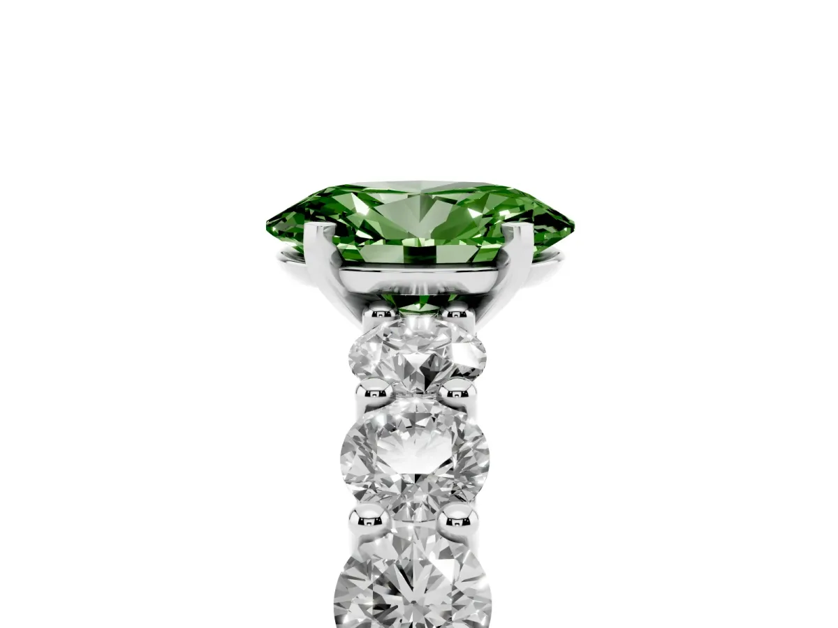 Fancy Green Oval Cut Diamond Prong Setting with Side Stones on a Pave Band Silver