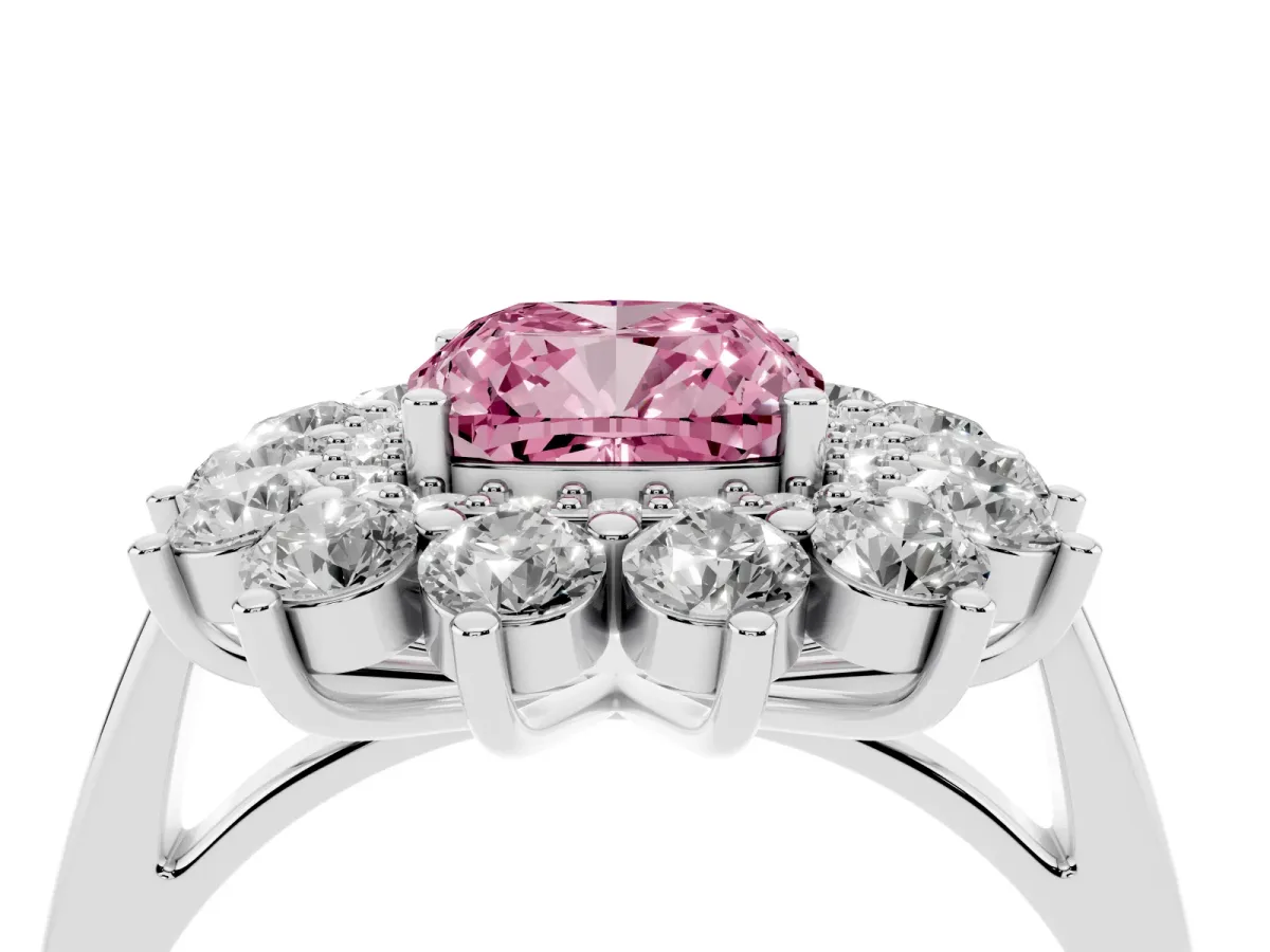 Fancy Pink Cushion Cut Diamond Floral Double Halo Engagement Ring with Prong Setting Silver