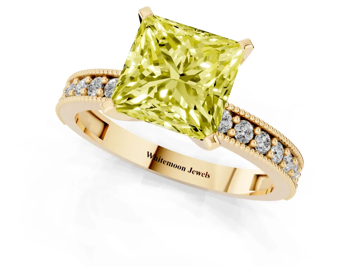 Fancy Yellow Princess Cut Diamond Milgrain Pavé Engagement Ring with Four-Prong Setting Yellow gold