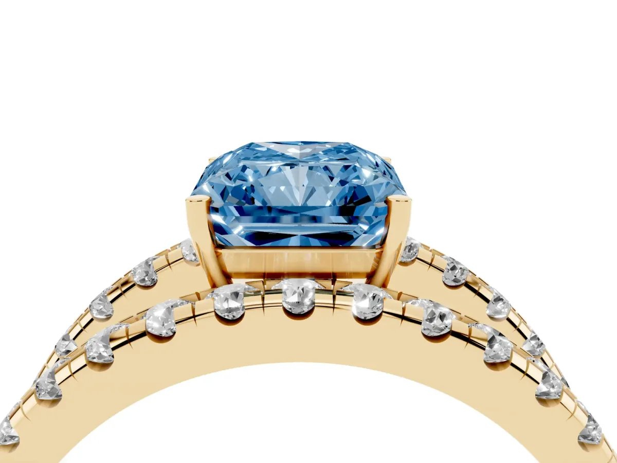 Fancy Blue Radiant Cut Solitaire Split Shank Pave Diamond Ring Yellow gold