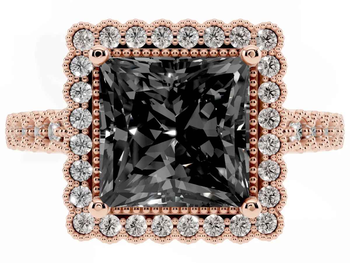 Fancy Black Princess Cut Cut Halo Pavé Solitaire Ring with Milgrain Band Rose gold