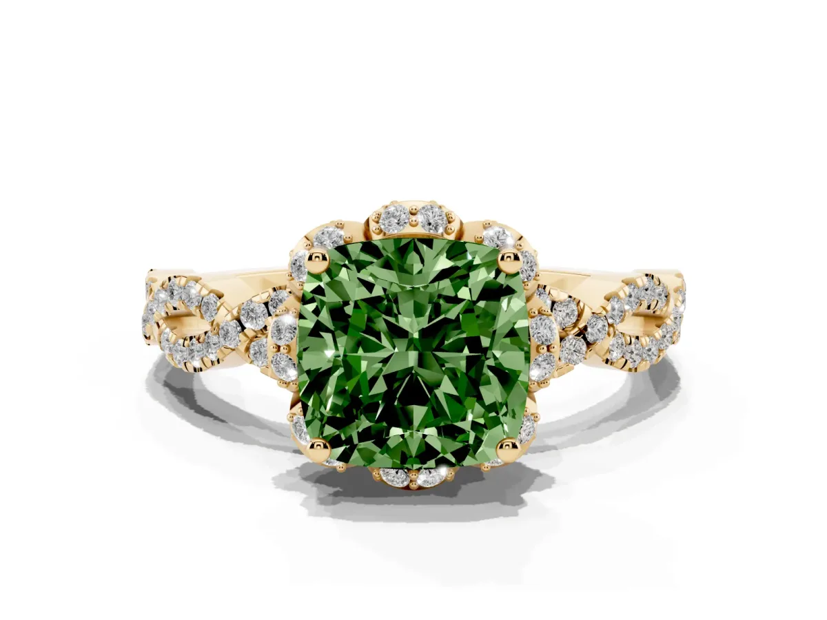 Fancy Green Cushion Cut Halo Twist Band Solitaire Ring with Six-Prong Setting Yellow gold