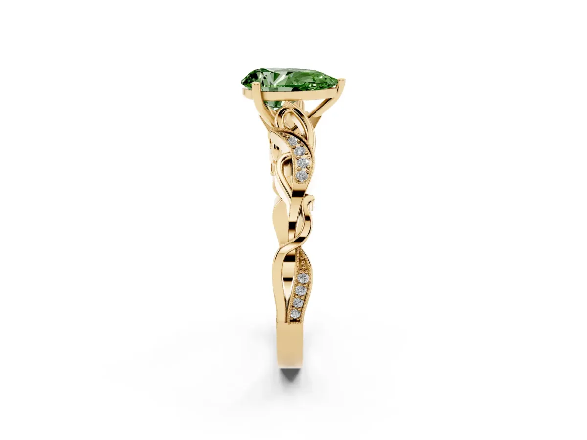 Fancy Green Pear Cut Solitaire Vine Band with Milgrain Prong Setting Yellow gold
