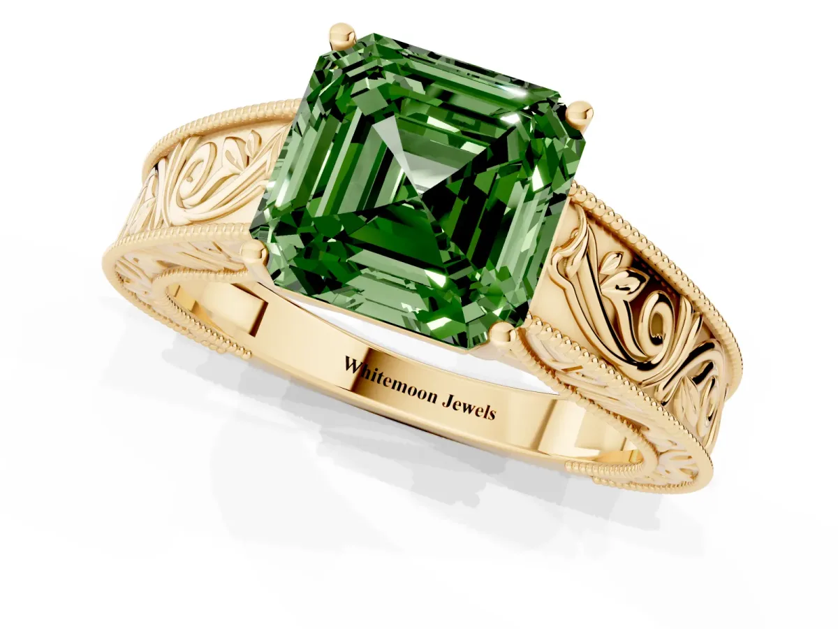 Fancy Green Asscher Cut Diamond Solitaire Ring with Engraved Band and Four-Prong Setting Yellow gold
