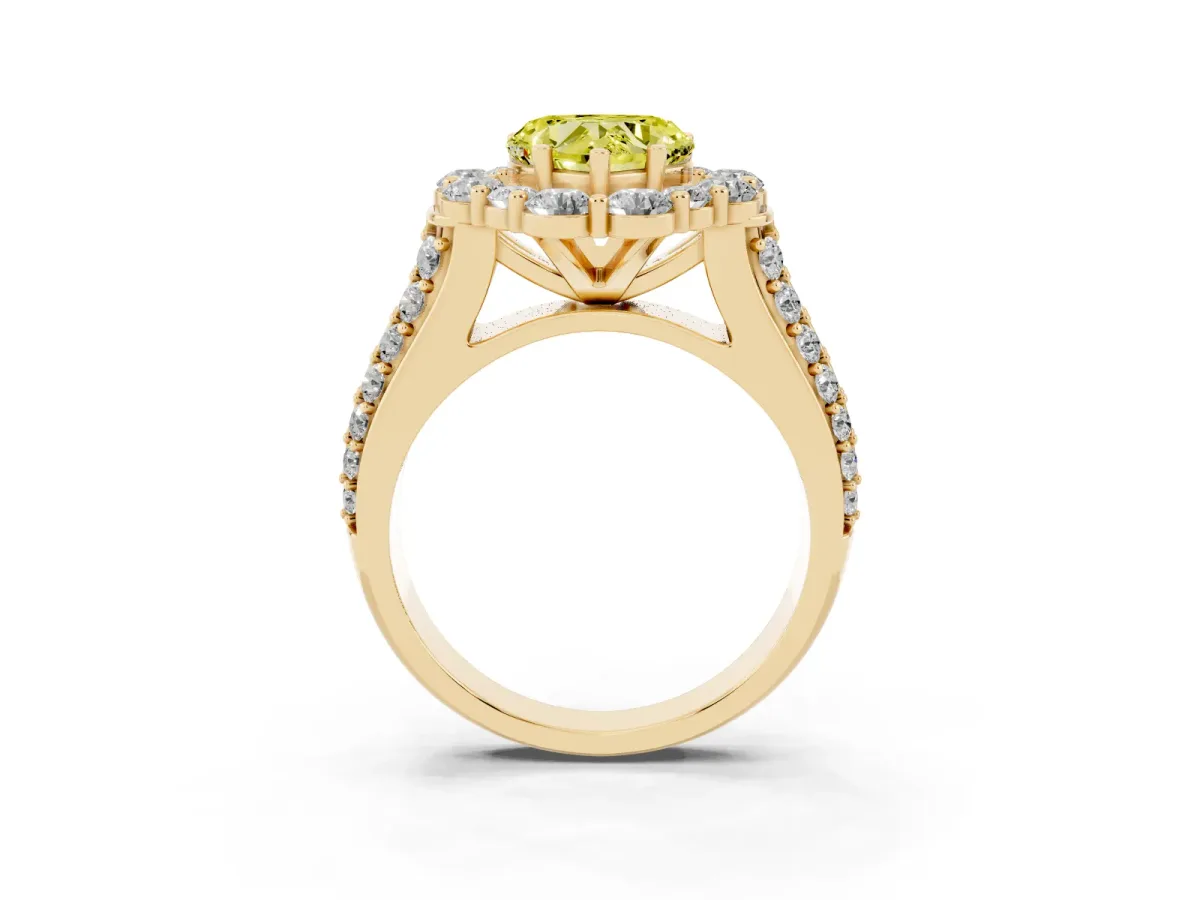 Fancy Yellow Heart Cut Halo Diamond Engagement Ring with Split Shank and Prong Setting Yellow gold