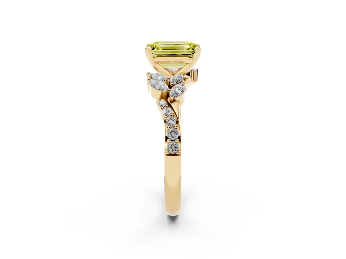 Fancy Yellow Emerald Cut Solitaire Marquise Twist Band with Six-Prong Setting Yellow gold