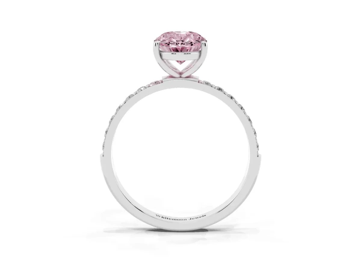Fancy Pink Oval Cut Diamond Solitaire Ring with Round Pavé Shoulders and Prong Setting Silver