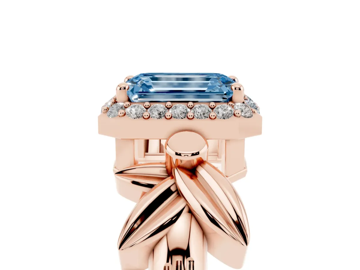 Fancy Blue Emerald Cut Halo Diamond Floral Band with Four-Prong Setting Rose gold