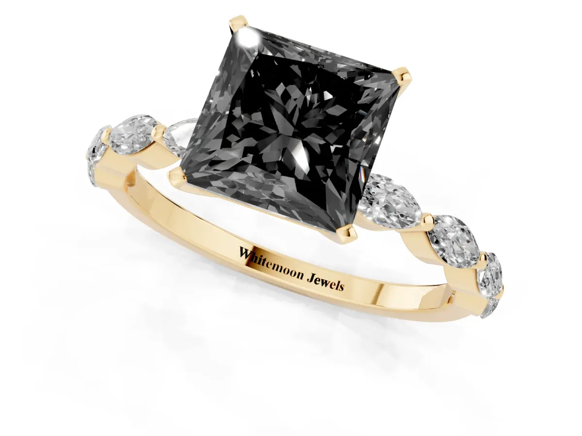 Fancy Black Princess Cut Diamond Ring with Marquise Side Stones and Prong Setting Yellow gold