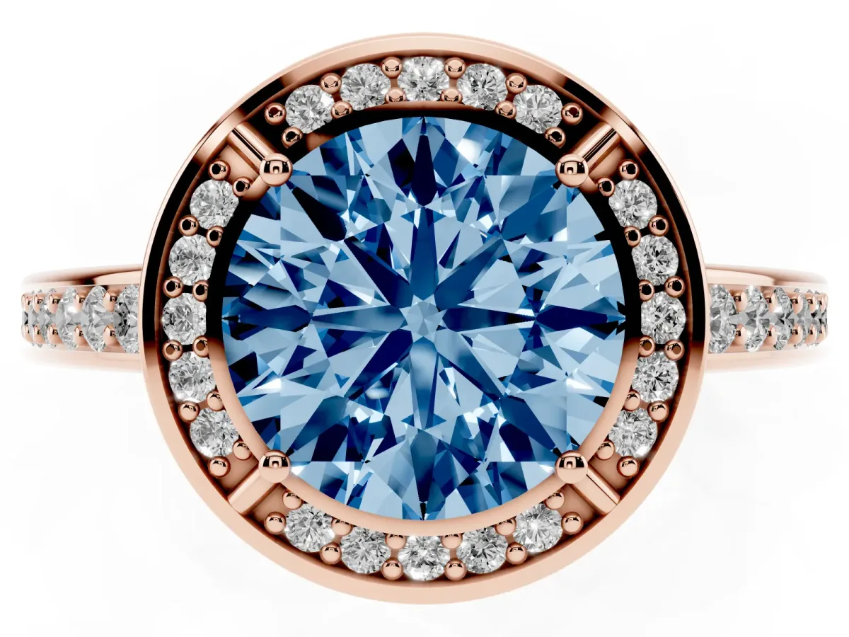 Fancy Blue Round Cut Cut Halo Pave Split Shank Prong Setting Ring Rose gold
