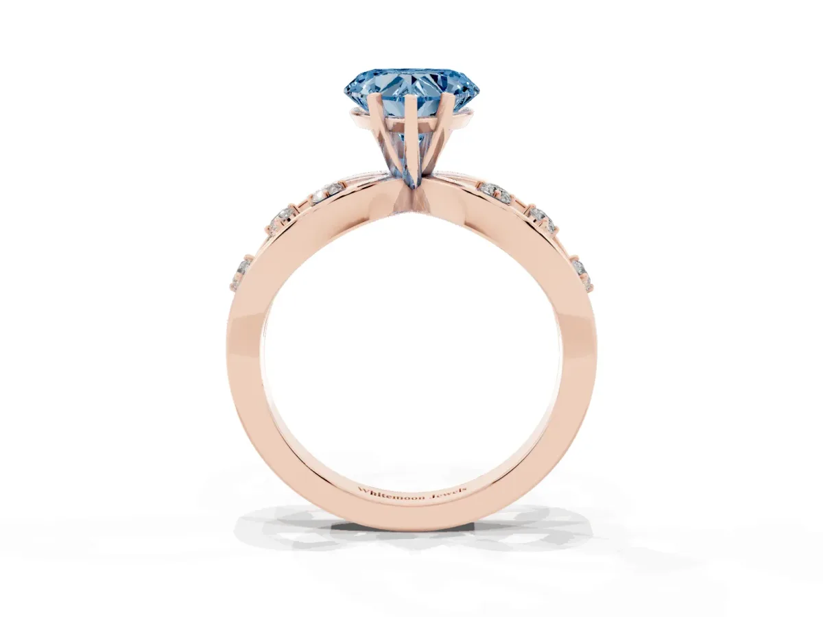 Fancy Blue Heart Cut Cut Solitaire Diamond with Side Stones on Criss-Cross Band and Four-Prong Setting Rose gold