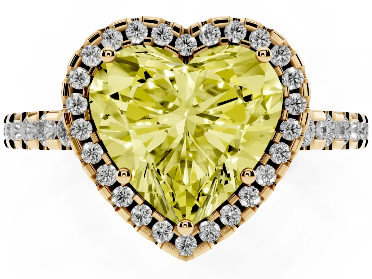 Fancy Yellow Heart Cut Diamond Halo Engagement Ring with Pavé Band and Prong Setting Yellow gold