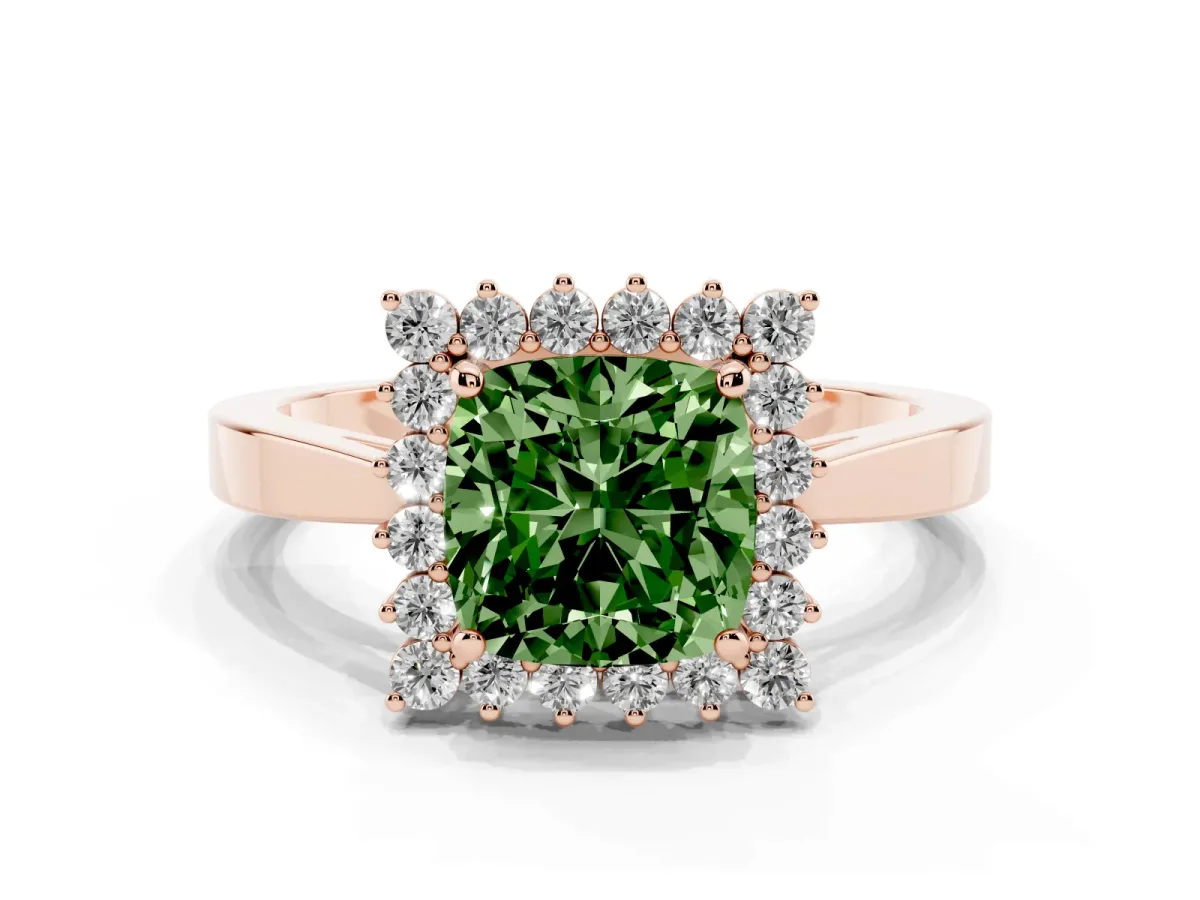 Fancy Green Cushion Cut Cut Diamond Halo Ring with Round Brilliant Halo and Solitaire Band Rose gold