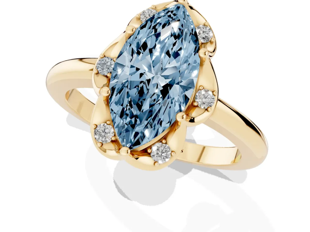 Fancy Blue Marquise Cut Halo Diamond Ring with Round Cluster Setting, Solitaire Band, and Four-Prong Setting Yellow gold