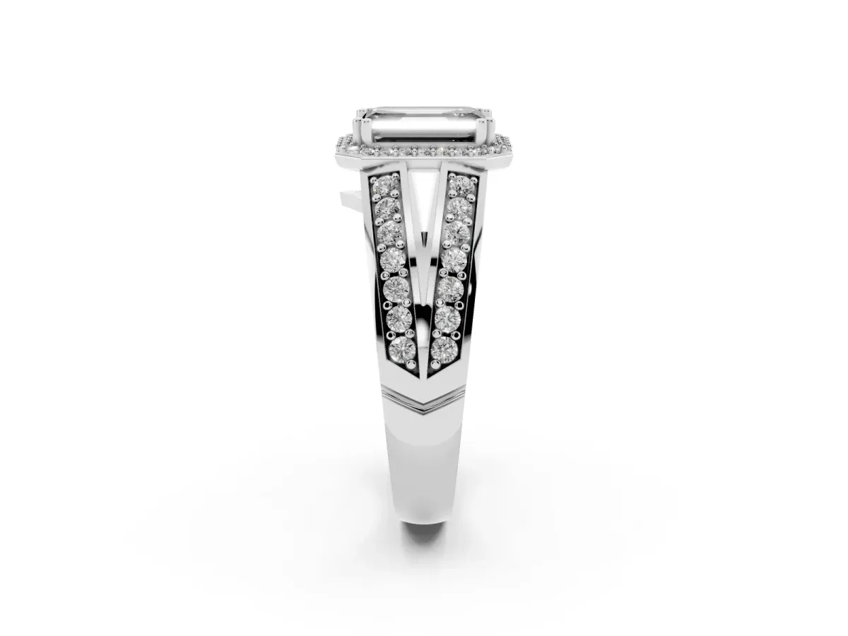 Fancy Black Emerald Cut Diamond Halo Ring with Split Shank Pavé Band and Four-Prong Setting White gold