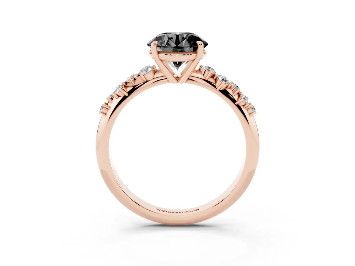 Fancy Black Round Cut Diamond Cluster Side Stone Solitaire Ring with Prong Setting Rose gold
