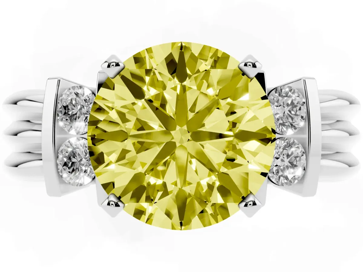 Fancy Yellow Round Cut Cut Three-Stone Channel Set Ring with Bar Prongs Silver