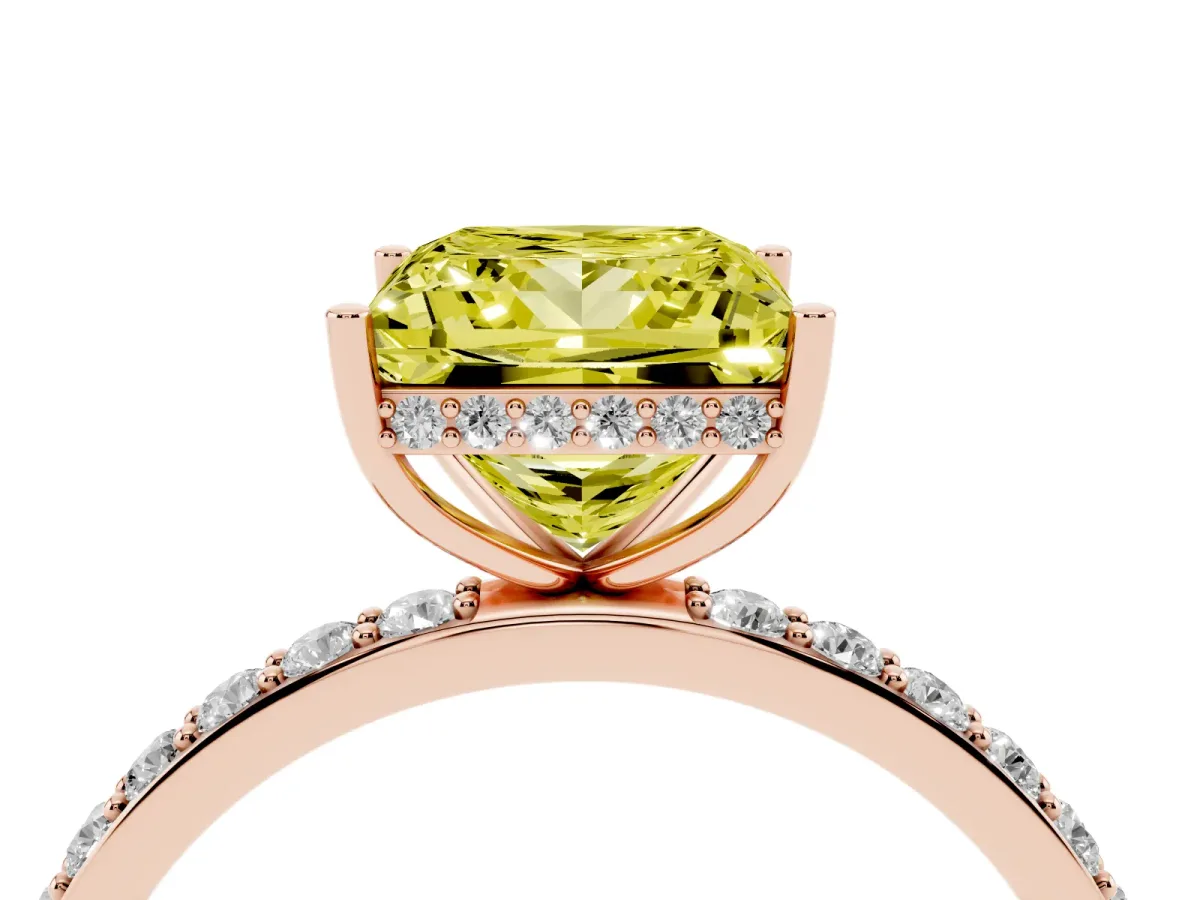 Fancy Yellow Princess Cut Diamond Solitaire Ring with Pavé Band and Hidden Halo Rose gold