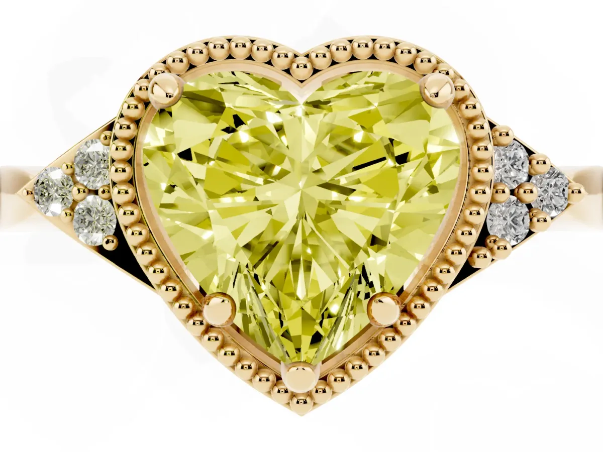 Fancy Yellow Milgrain Heart Cut Cut Diamond Ring with Tapered Pave Band and Four Prong Setting Yellow gold