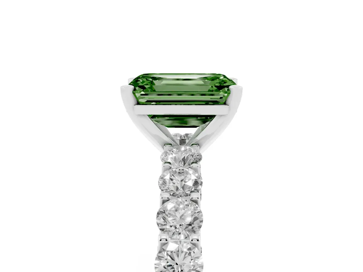 Fancy Green Emerald Cut Diamond Solitaire Ring with Shared Prong Pavé Band and Four-Prong Setting Silver