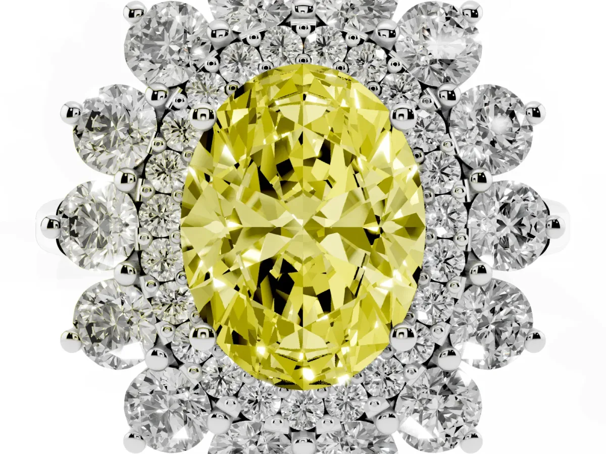 Fancy Yellow Oval Cut Diamond Floral Double Halo Engagement Ring with Prong Setting Platinum
