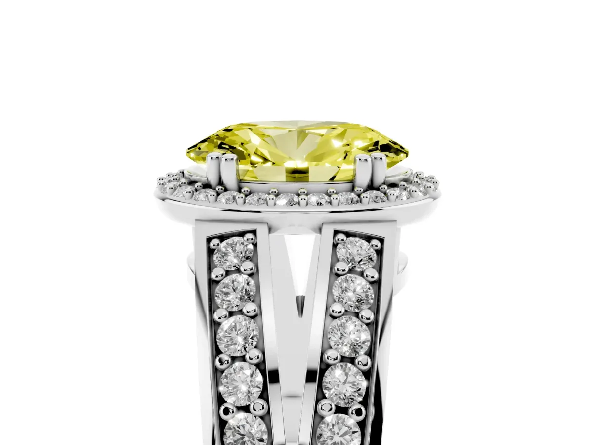Fancy Yellow Oval Cut Diamond Halo Ring with Split Shank Pavé Band and Four-Prong Setting Platinum